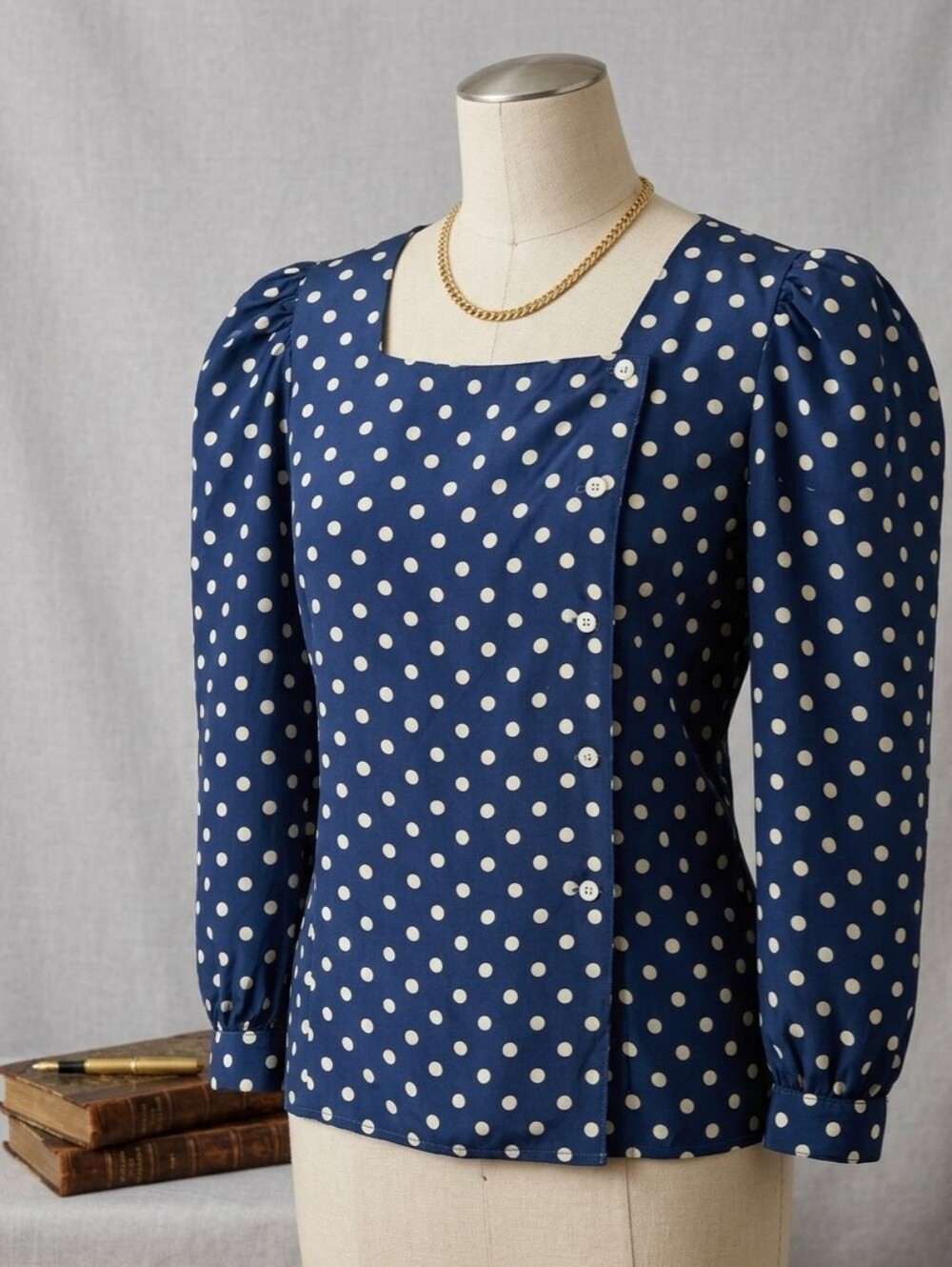 VTG Saxs 5th Evan-Picone Blouse Navy Polka Dot Power Career Wear | Small Petite